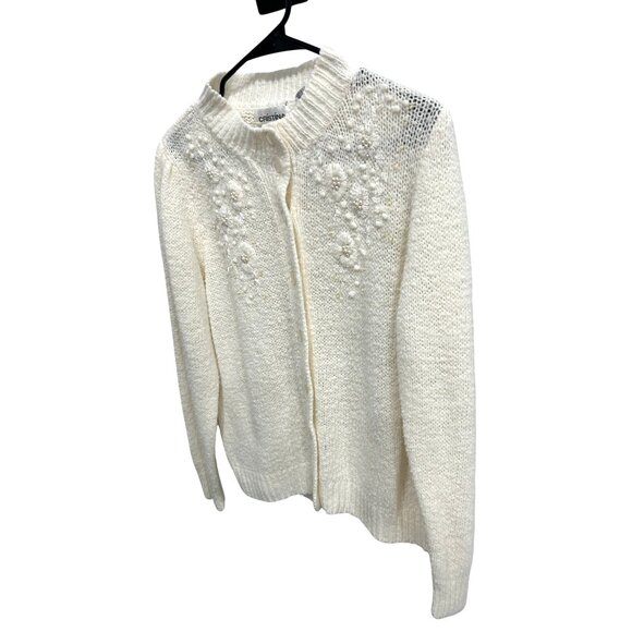 Vintage Cristina Ivory Knit Cardigan With Floral Embroidery and Pearl Accents SZ - Picture 3 of 8